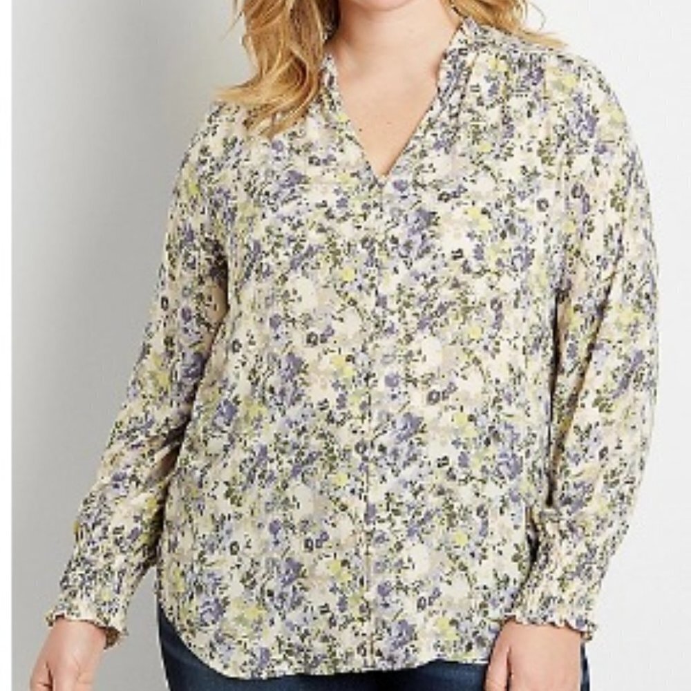 Maurices Women's Plus Size Yellow Floral Button Down Ruffle Neck Blouse - 1X